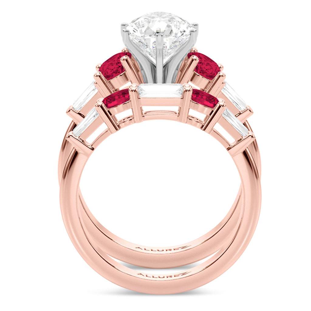 Pear Lab Diamond & Oval Ruby Bridal Set 18K Rose Gold (5.09ct)