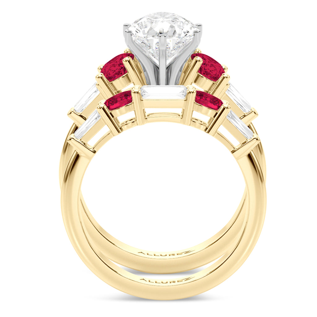Pear Lab Diamond & Oval Ruby Bridal Set 18K Yellow Gold (5.09ct)