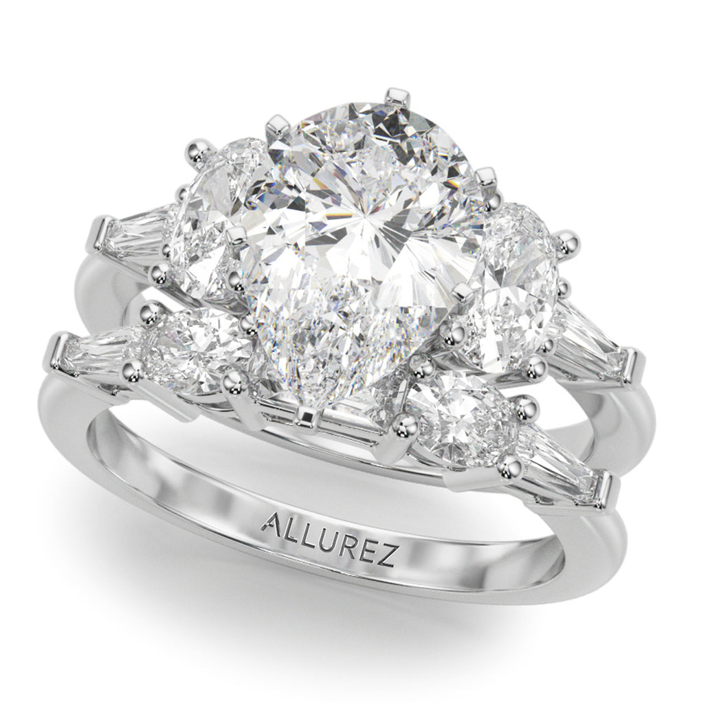 Pear Moissanite Diamond Engagement Ring Bridal Set in Palladium (4.93ct)