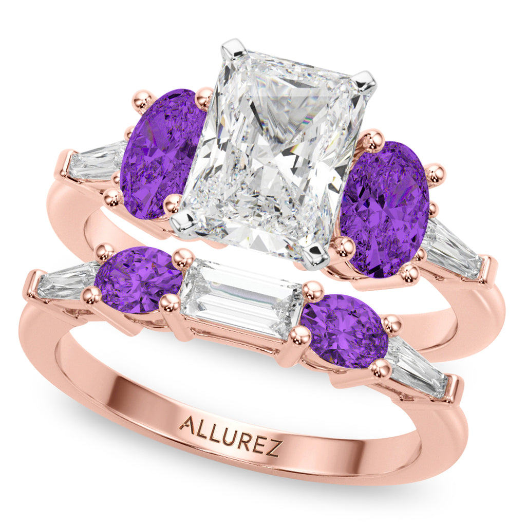 Radiant Lab Diamond & Oval Amethyst Bridal Set 14K Rose Gold (4.65ct)