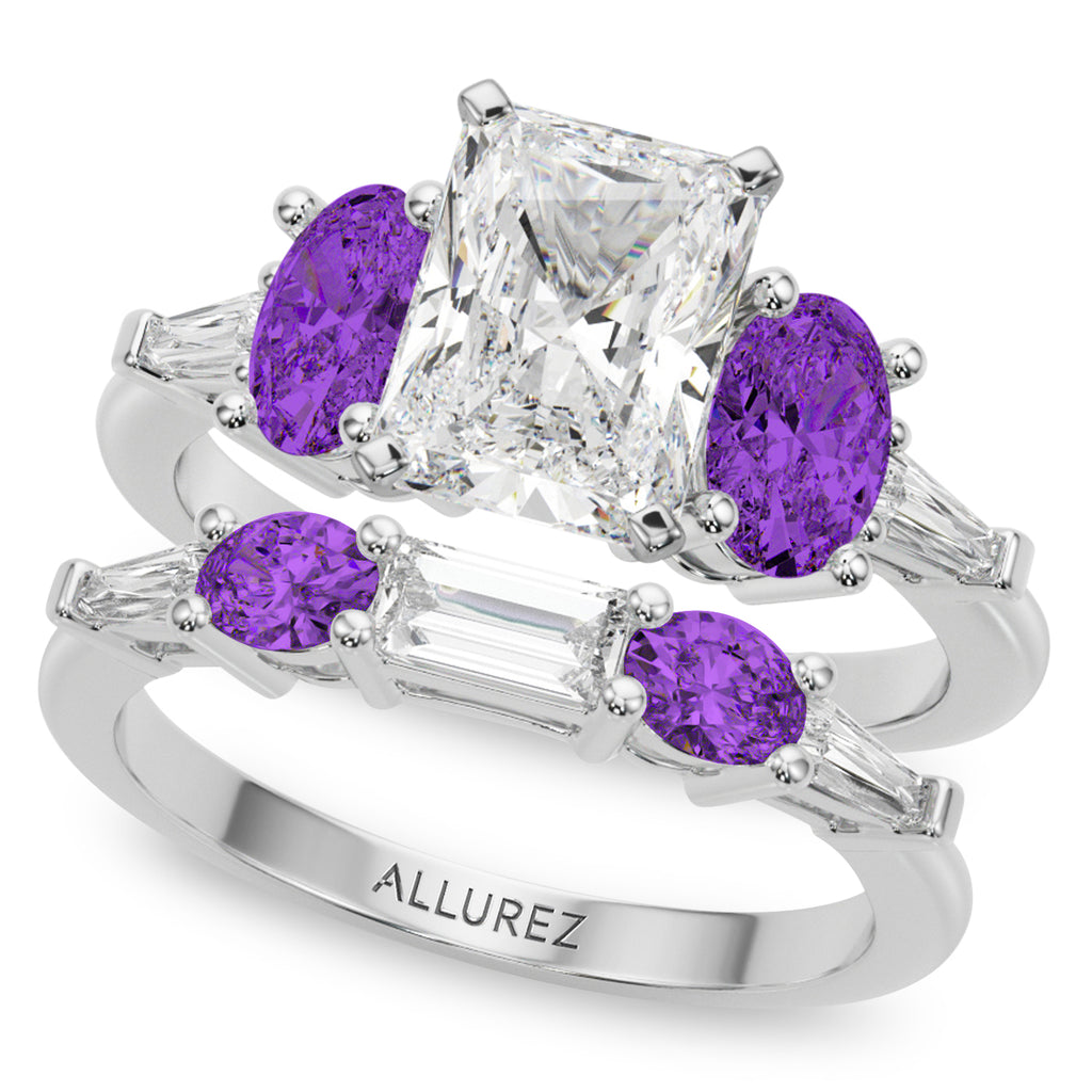 Radiant Lab Grown Diamond & Oval Amethyst Bridal Set 14K White Gold (4.65ct)