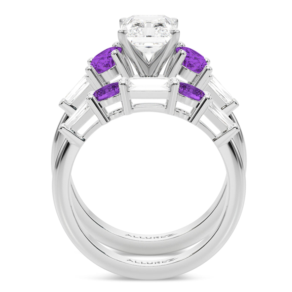 Radiant Lab Grown Diamond & Oval Amethyst Bridal Set 14K White Gold (4.65ct)