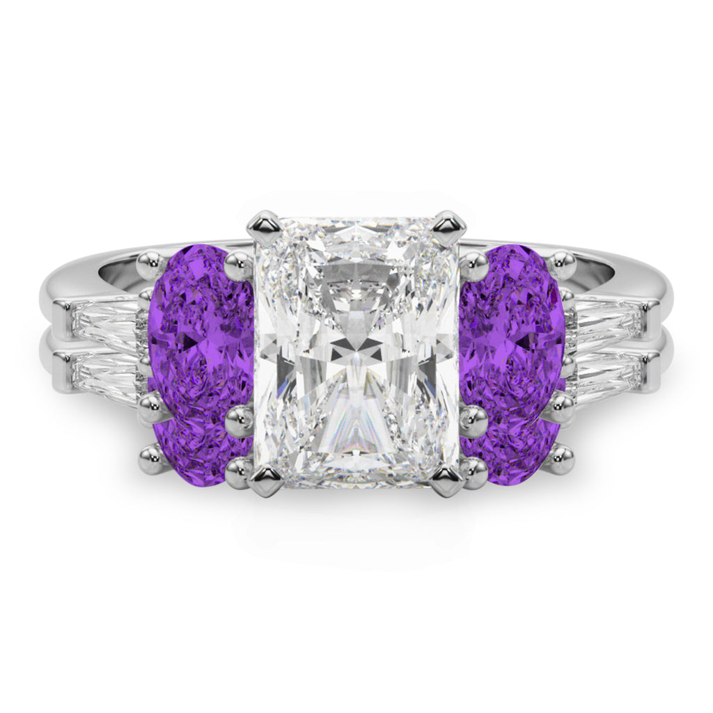 Radiant Lab Diamond & Oval Amethyst Bridal Set 18K White Gold (4.65ct)