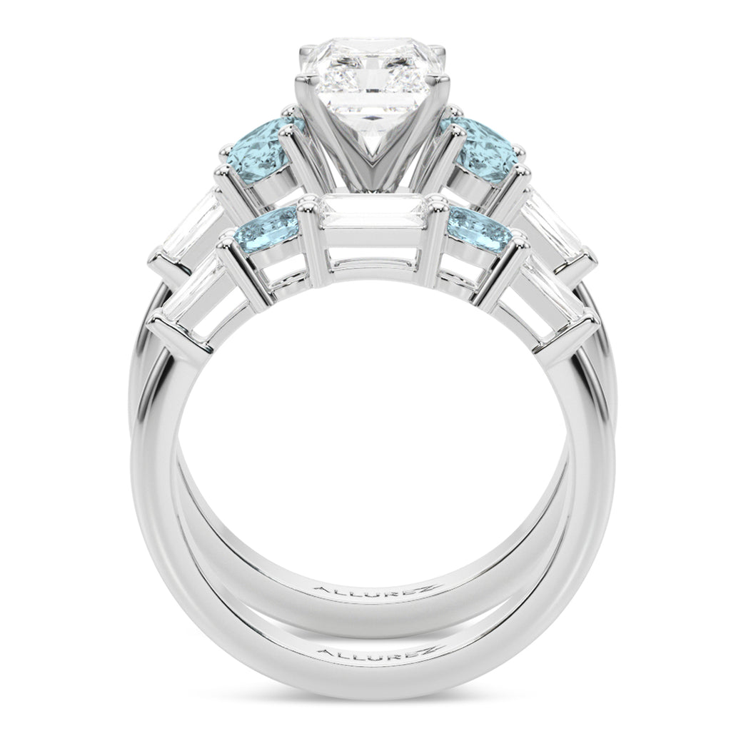 Radiant Lab Diamond & Oval Aquamarine Bridal Set 14K White Gold (4.65ct)