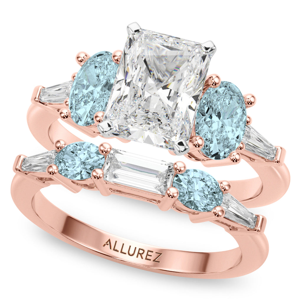 Radiant Lab Diamond & Oval Aquamarine Bridal Set 18K Rose Gold (4.65ct)
