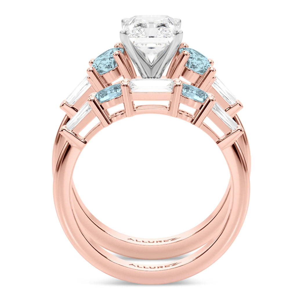 Radiant Lab Diamond & Oval Aquamarine Bridal Set 18K Rose Gold (4.65ct)