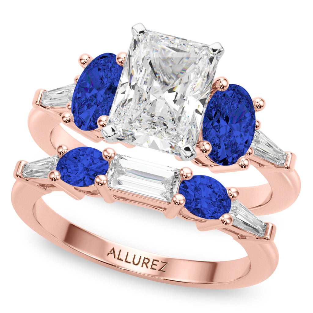 Radiant Lab Diamond & Oval Blue Sapphire Bridal Set 14K Rose Gold (5.17ct)
