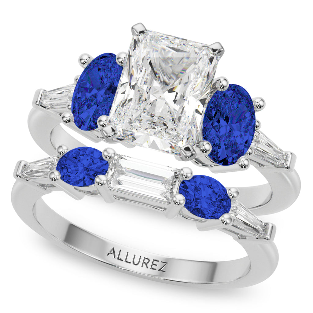 Radiant Lab Diamond & Oval Blue Sapphire Bridal Set 18K White Gold (5.17ct)