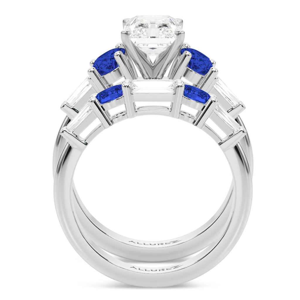 Radiant Lab Diamond & Oval Blue Sapphire Bridal Set 18K White Gold (5.17ct)