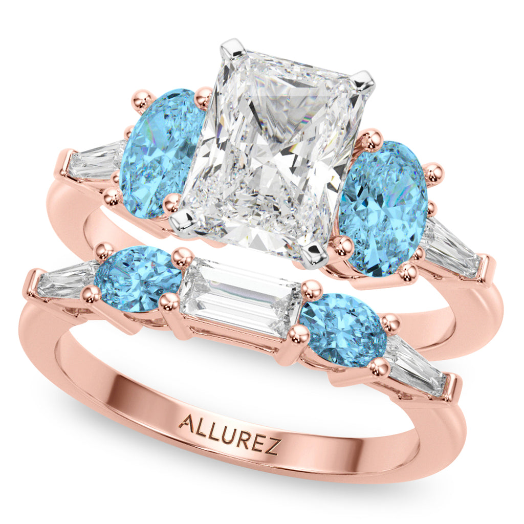 Radiant Lab Diamond & Oval Blue Topaz Bridal Set 14K Rose Gold (4.97ct)