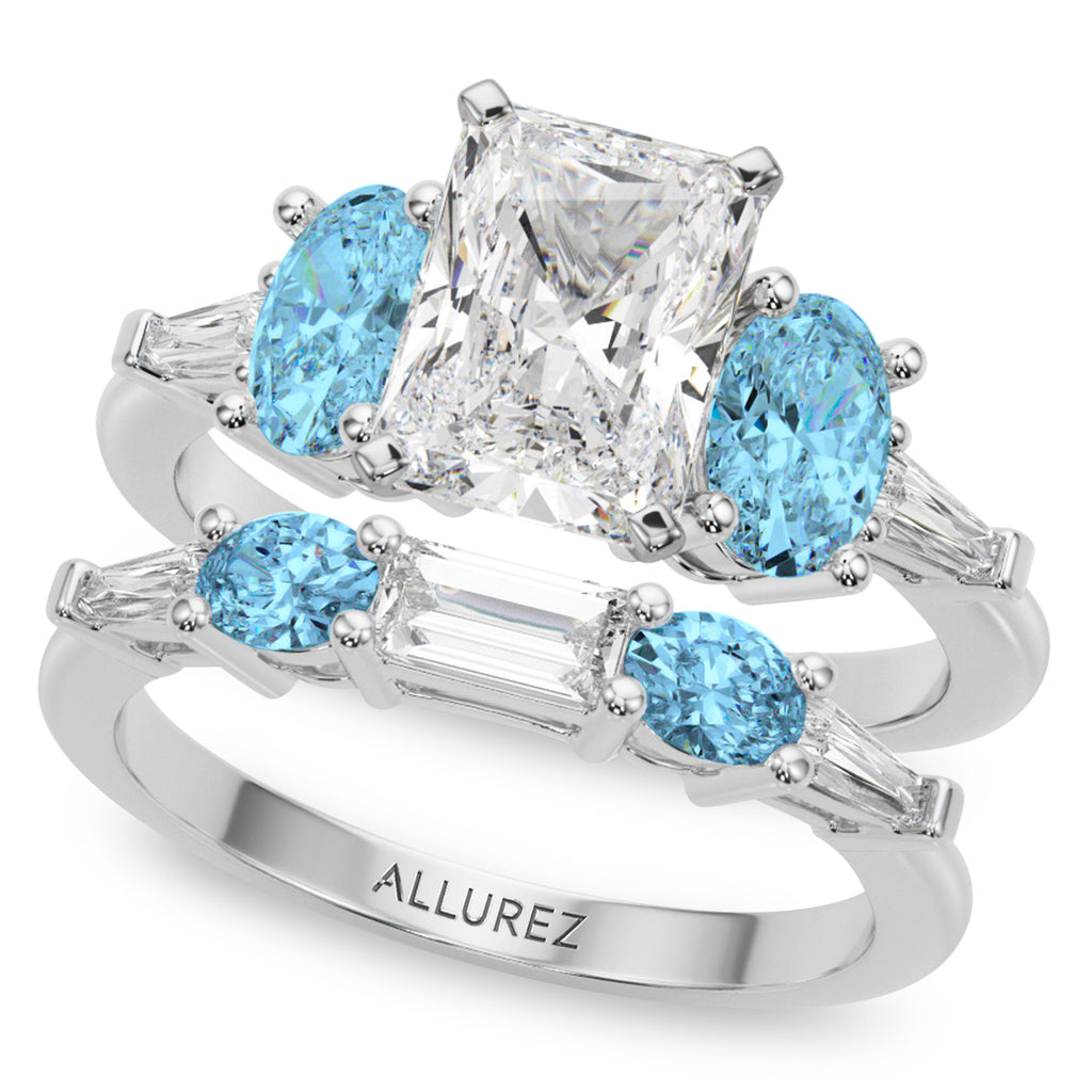 Radiant Lab Diamond & Oval Blue Topaz Bridal Set 18K White Gold (4.97ct)