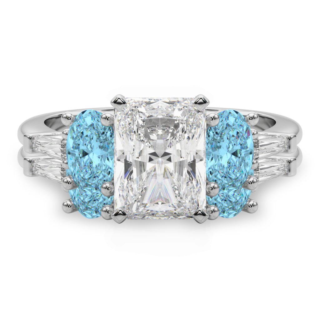 Radiant Lab Diamond & Oval Blue Topaz Bridal Set 18K White Gold (4.97ct)