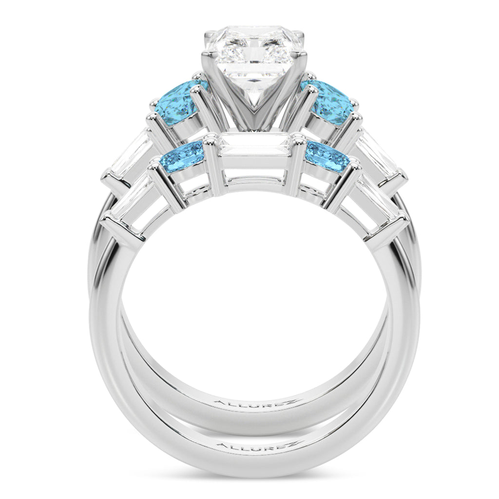 Radiant Lab Diamond & Oval Blue Topaz Bridal Set 18K White Gold (4.97ct)