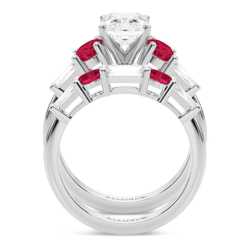 Radiant Lab Grown Diamond & Oval Ruby Bridal Set 14K White Gold (5.09ct)