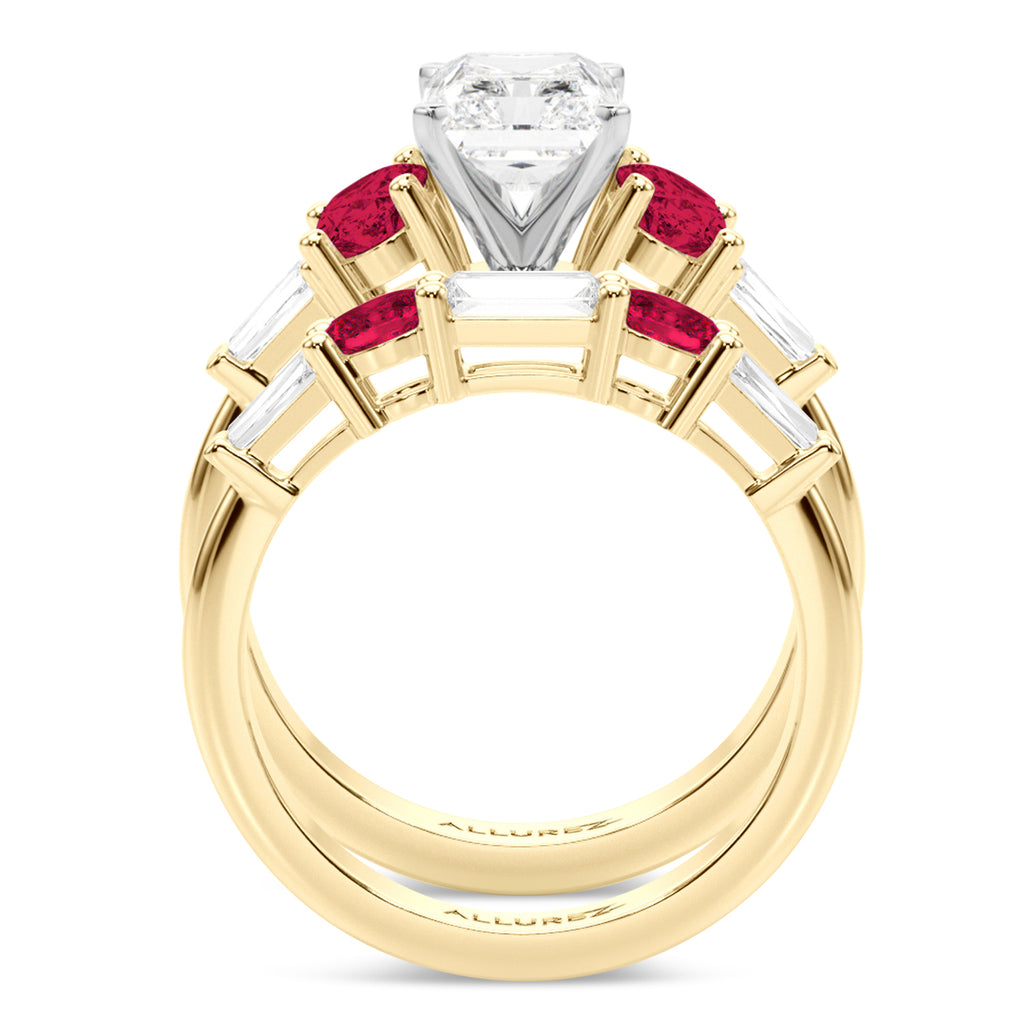 Radiant Lab Diamond & Oval Ruby Bridal Set 14K Yellow Gold (5.09ct)