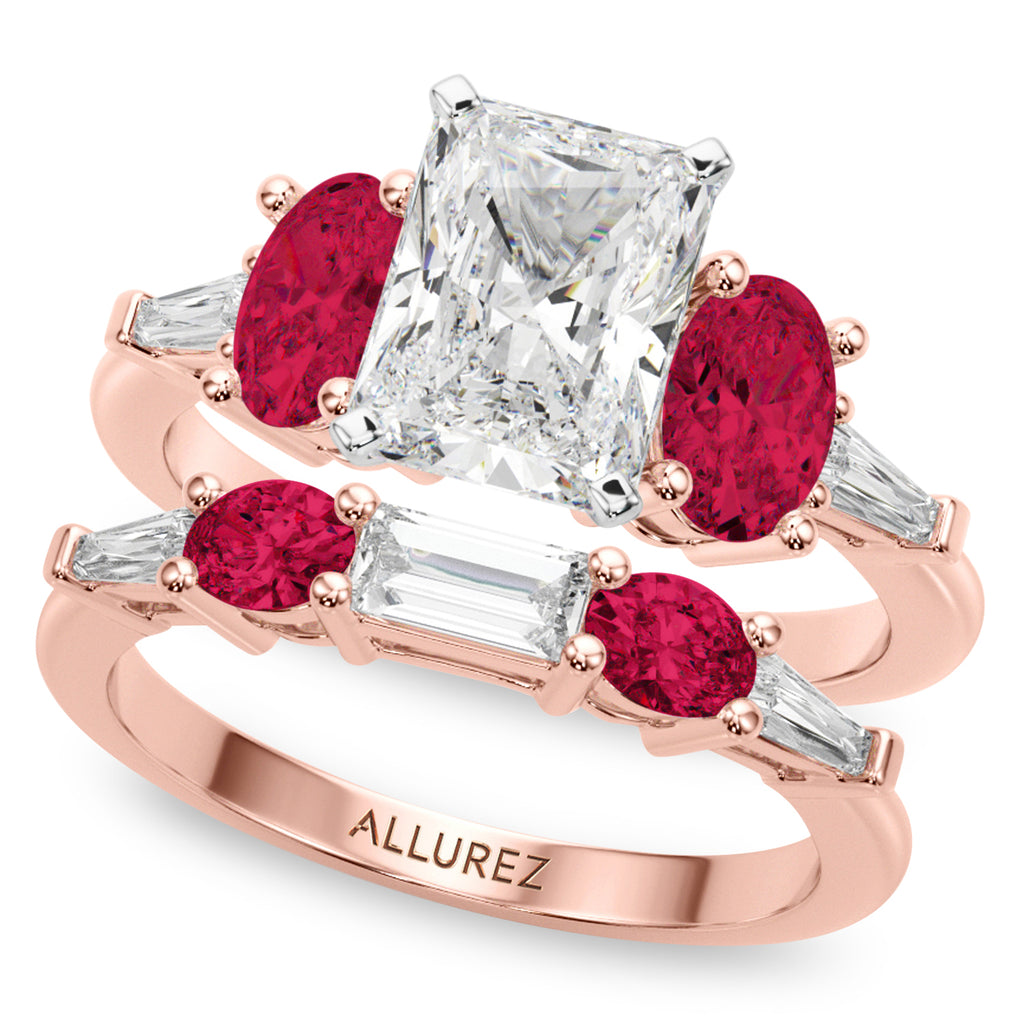 Radiant Lab Diamond & Oval Ruby Bridal Set 18K Rose Gold (5.09ct)