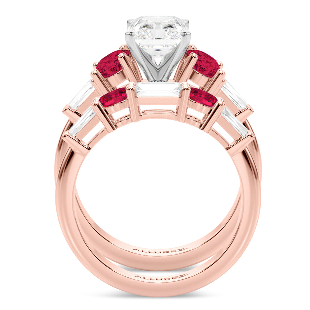 Radiant Lab Diamond & Oval Ruby Bridal Set 18K Rose Gold (5.09ct)