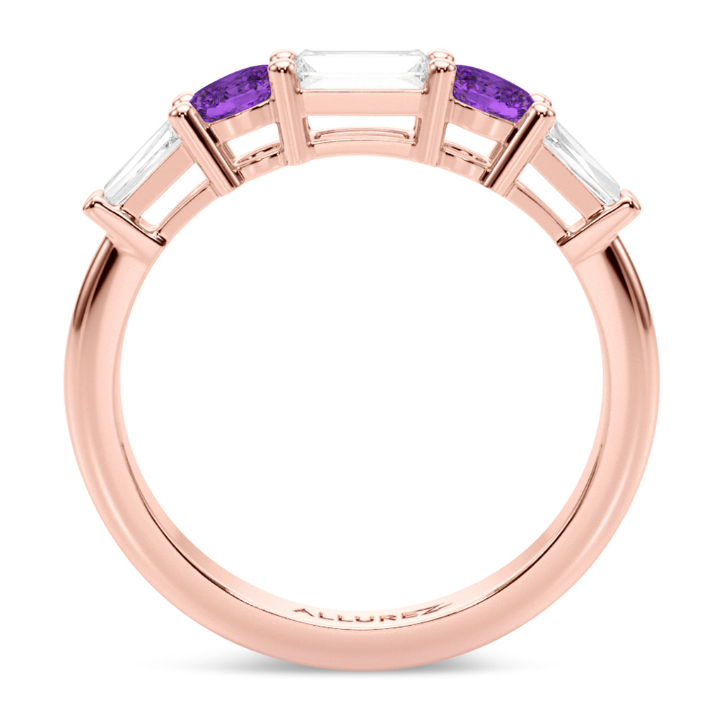 Baguette Lab  Diamond & Oval Amethyst Wedding Ring Band 18K Rose Gold (0.67ct)