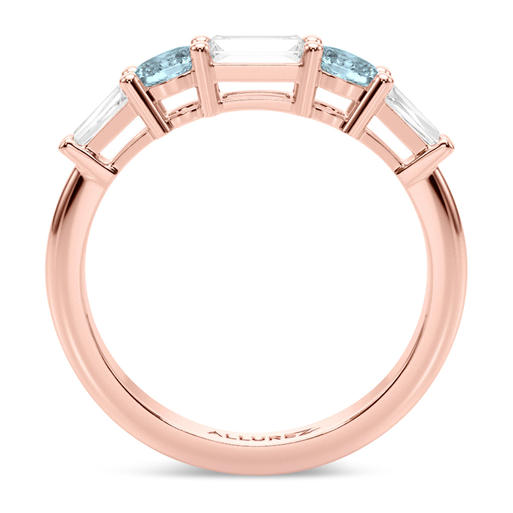 Baguette Lab  Diamond & Oval Aquamarine Wedding Ring Band 18K Rose Gold (0.67ct)