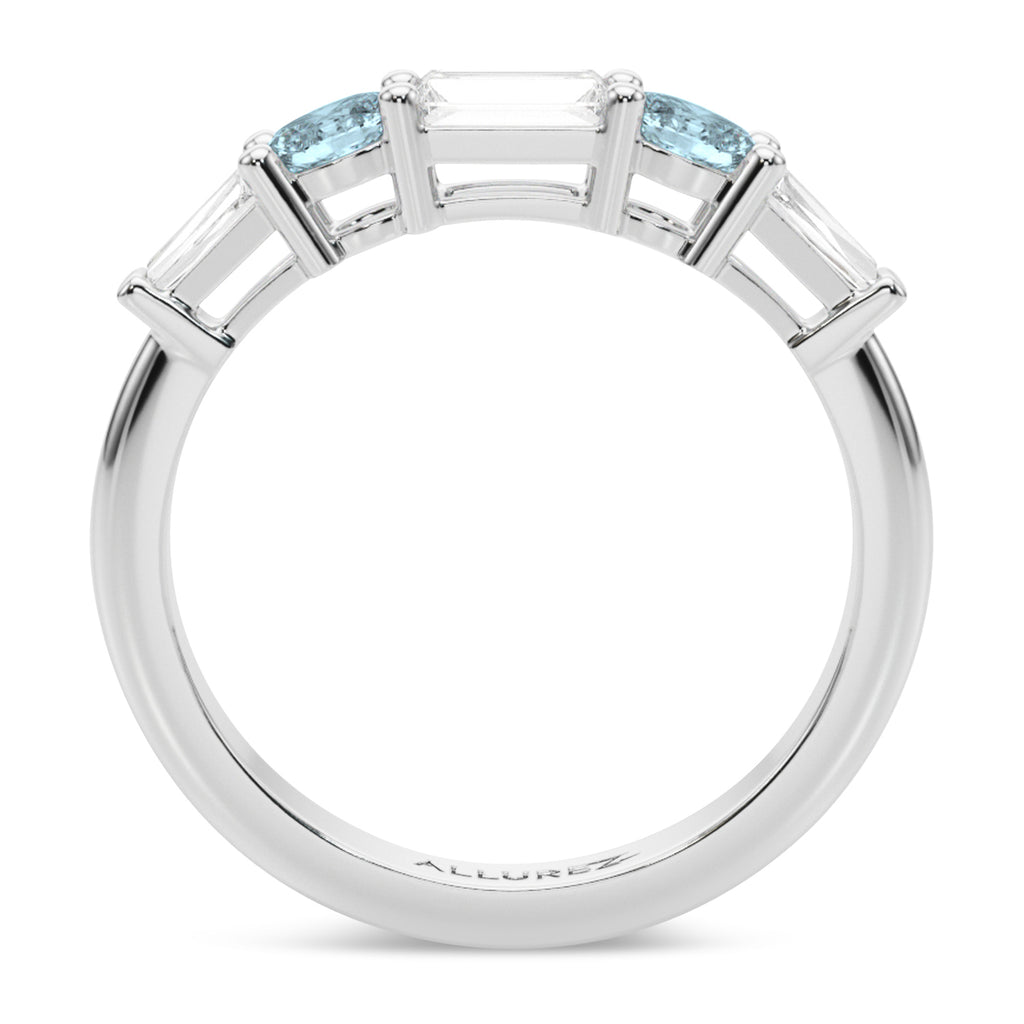 Baguette Lab  Diamond & Oval Aquamarine Wedding Ring Band 18K White Gold (0.67ct)