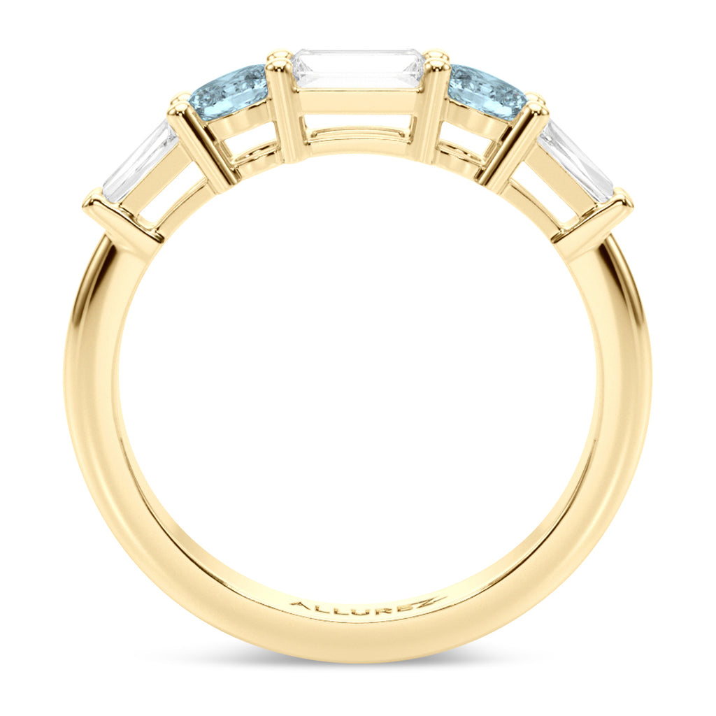 Baguette Lab  Diamond & Oval Aquamarine Wedding Ring Band 18K Yellow Gold (0.67ct)