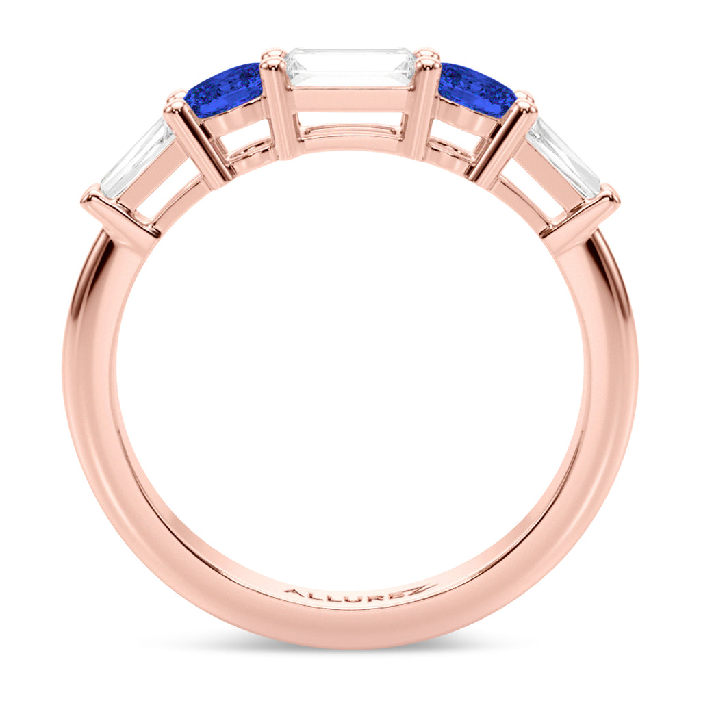 Baguette Lab  Diamond & Oval Blue Sapphire Wedding Ring Band 14K Rose Gold (0.85ct)