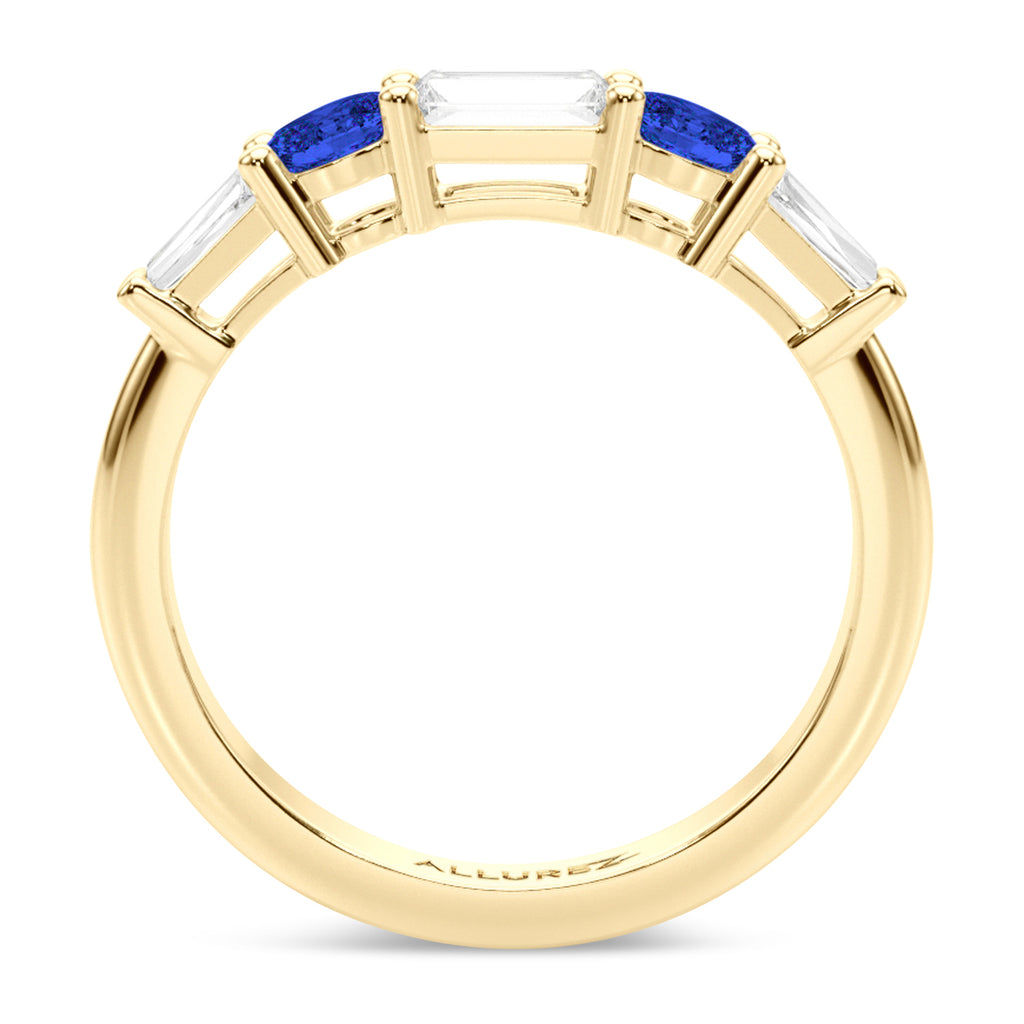 Baguette Lab  Diamond & Oval Blue Sapphire Wedding Ring Band 14K Yellow Gold (0.85ct)