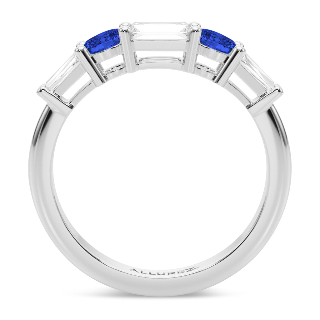 Baguette Lab  Diamond & Oval Blue Sapphire Wedding Ring Band in Platinum (0.85ct)