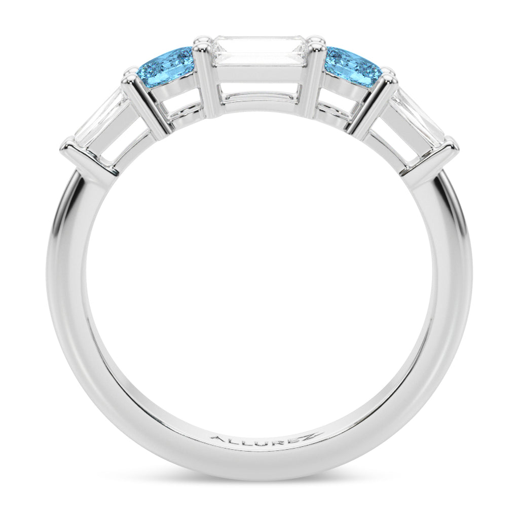 Baguette Lab Grown Diamond & Oval Blue Topaz Wedding Ring Band 14K White Gold (0.79ct)