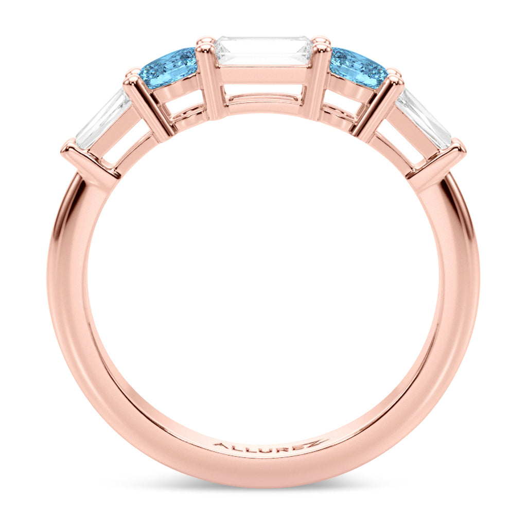 Baguette Lab  Diamond & Oval Blue Topaz Wedding Ring Band 18K Rose Gold (0.79ct)