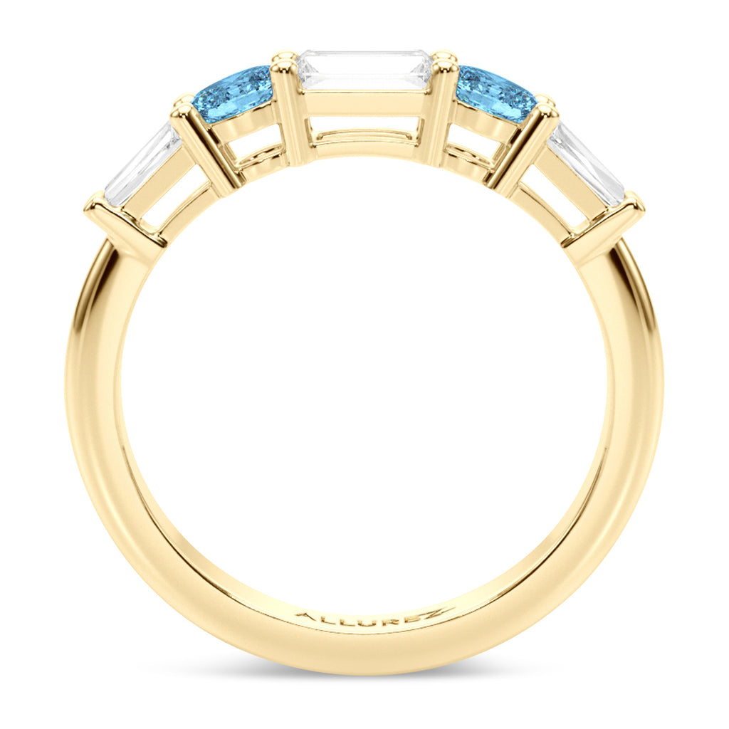 Baguette Lab  Diamond & Oval Blue Topaz Wedding Ring Band 18K Yellow Gold (0.79ct)