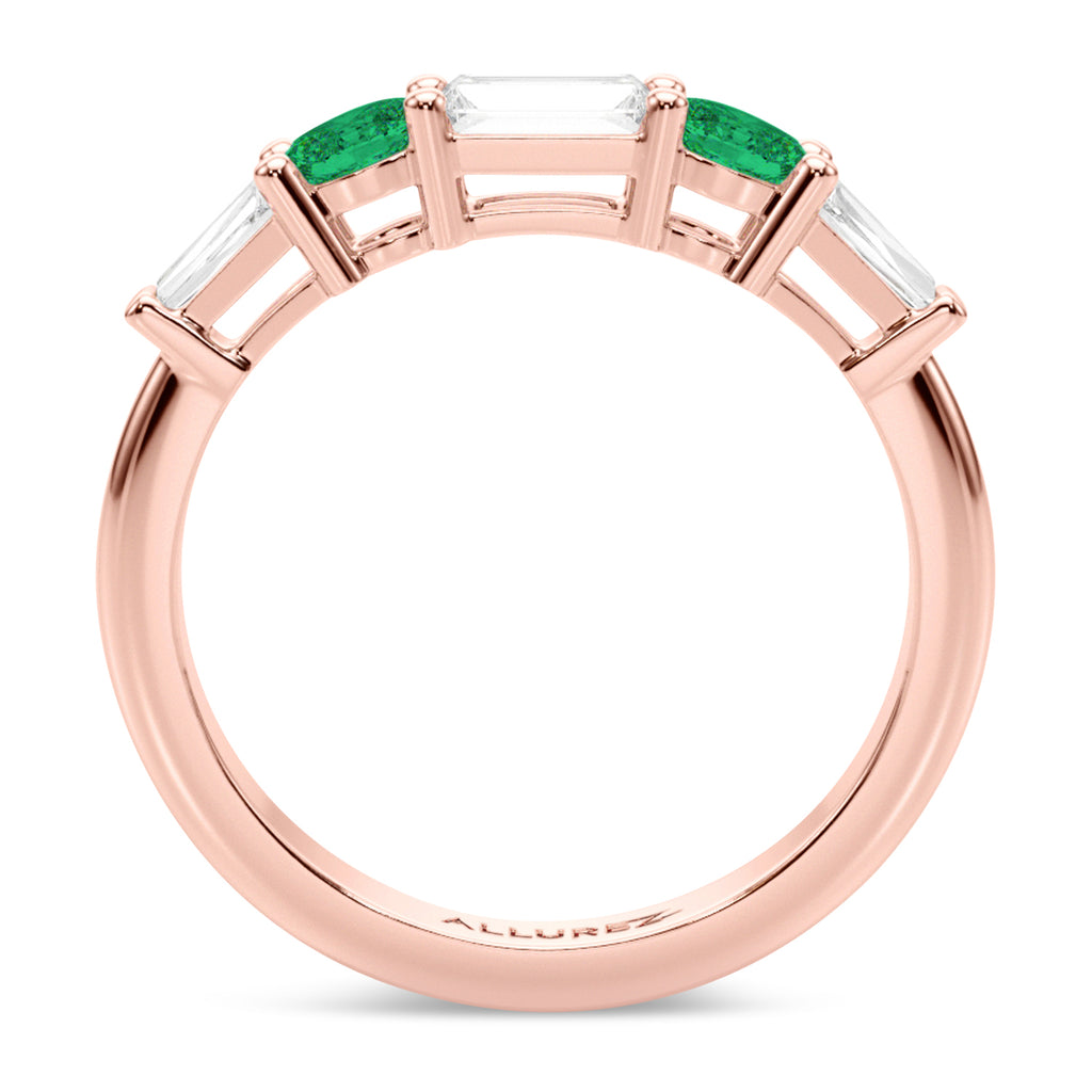 Baguette Lab Diamond & Oval Emerald Wedding Ring Band 14K Rose Gold (0.67ct)