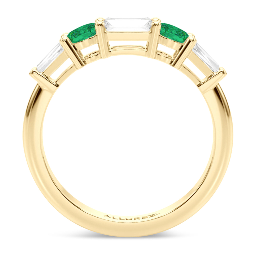 Baguette Lab  Diamond & Oval Emerald Wedding Ring Band 18K Yellow Gold (0.67ct)