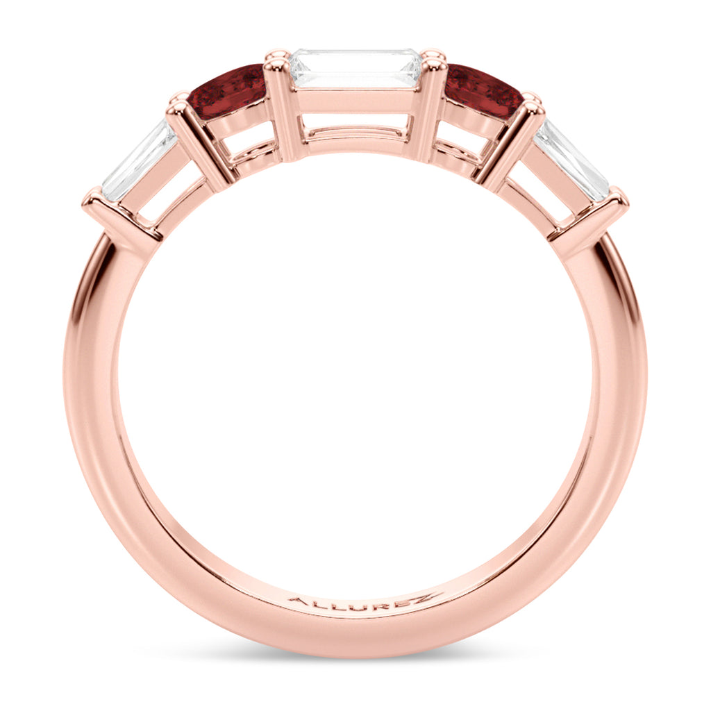 Baguette Lab  Diamond & Oval Garnet Wedding Ring Band 14K Rose Gold (0.79ct)