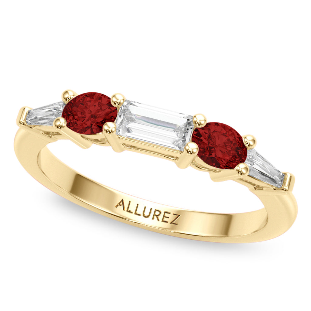 Baguette Lab Grown Diamond & Oval Garnet Wedding Ring Band 14K Yellow Gold (0.79ct)