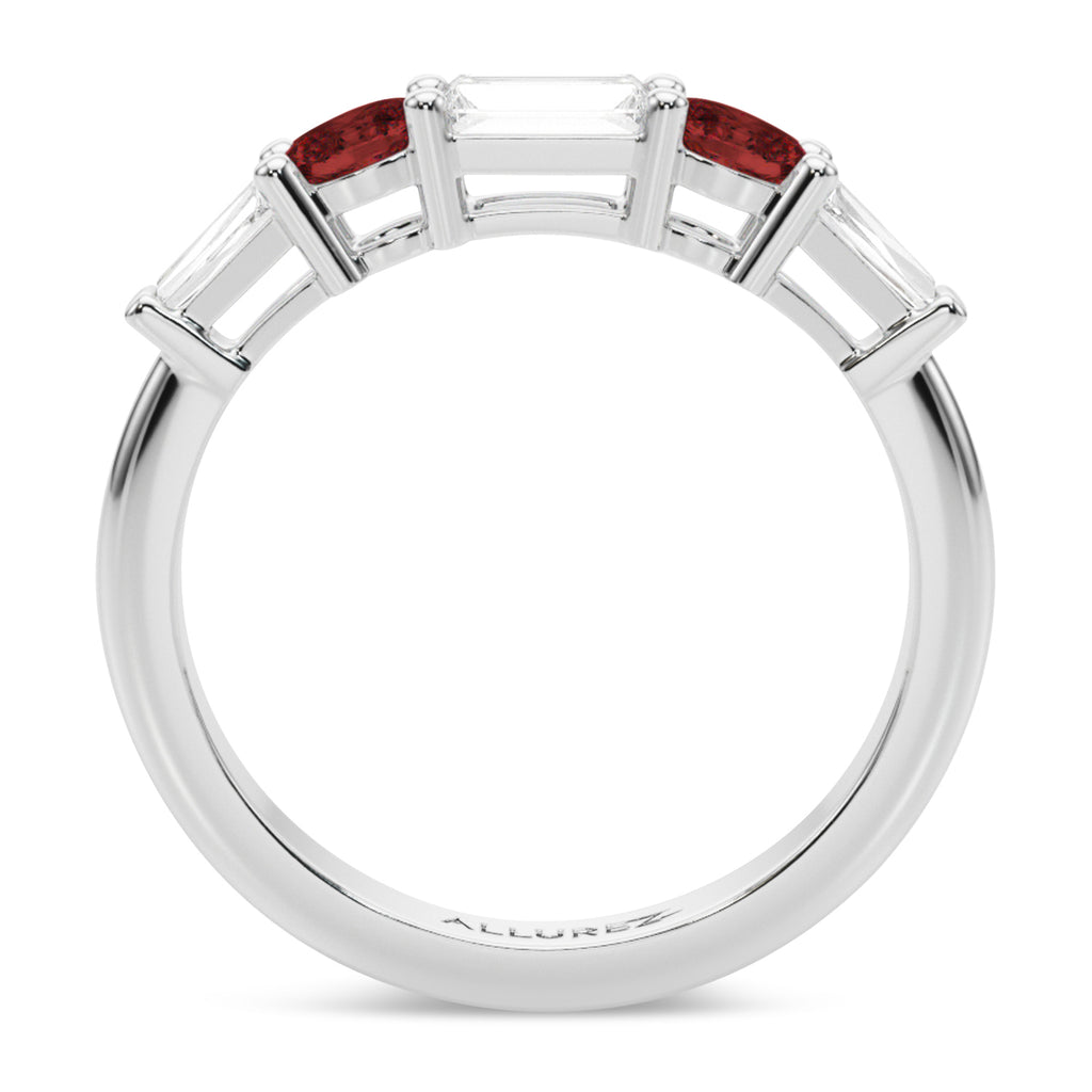 Baguette Lab  Diamond & Oval Garnet Wedding Ring Band in Palladium (0.79ct)
