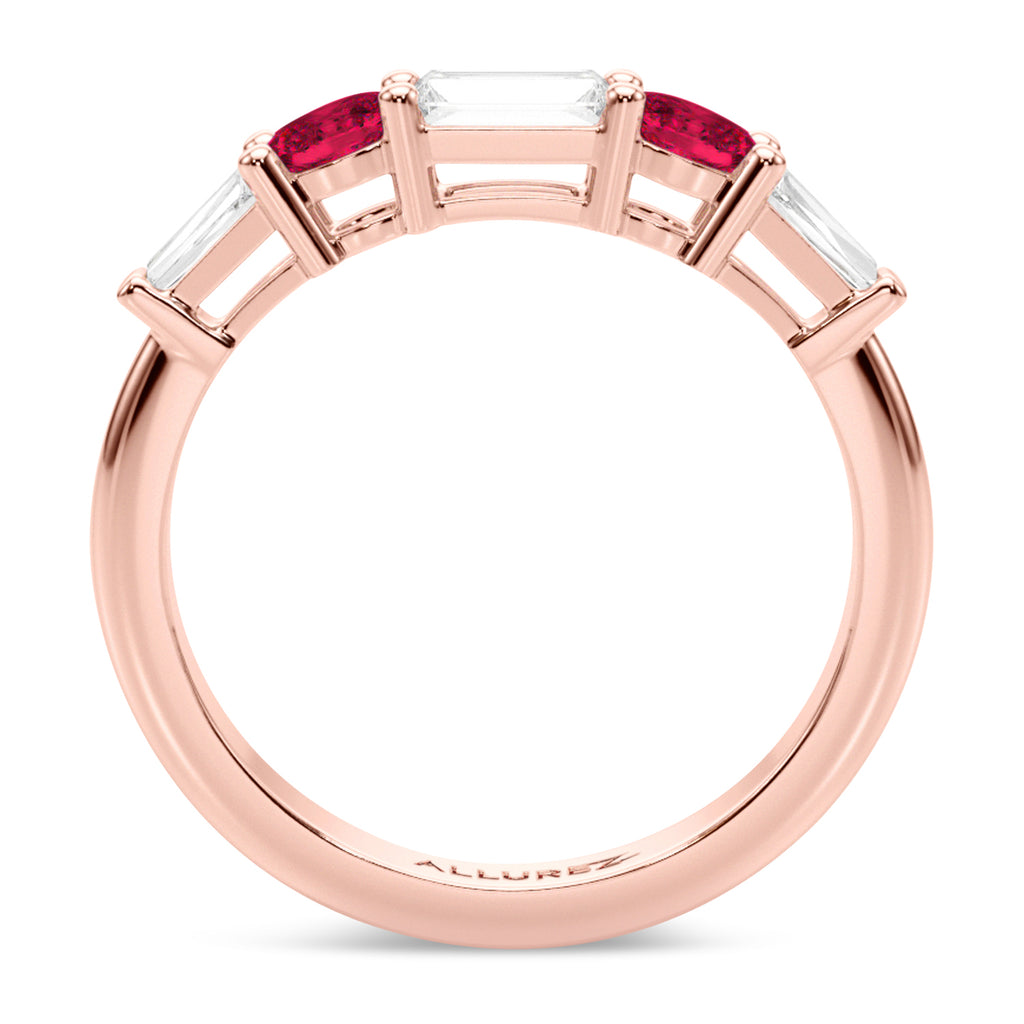 Baguette Lab  Diamond & Oval Ruby Wedding Ring Band 14K Rose Gold (0.85ct)