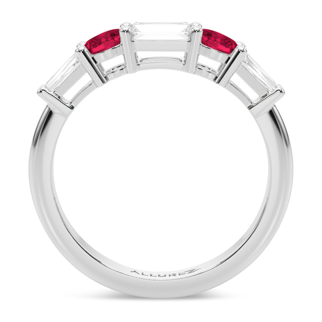 Baguette Lab Grown Diamond & Oval Ruby Wedding Ring Band 14K White Gold (0.85ct)