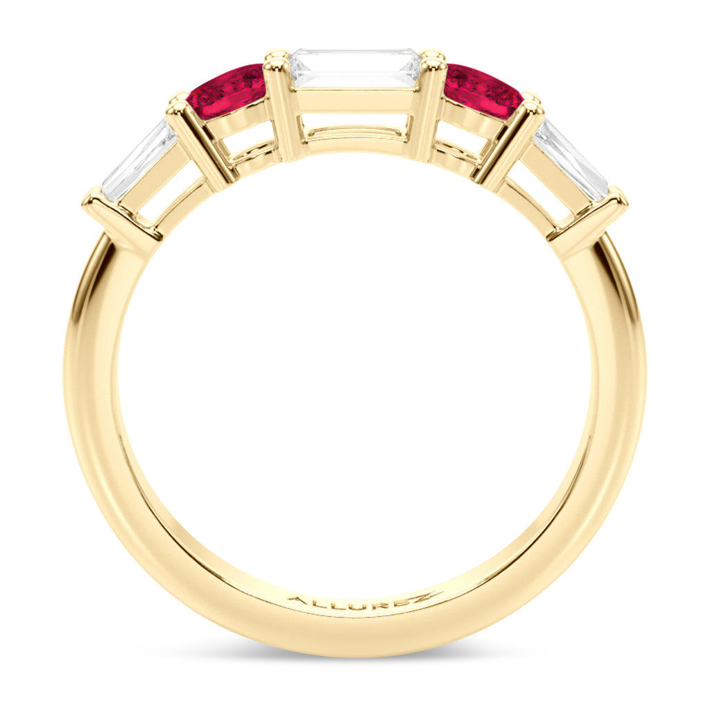 Baguette Lab  Diamond & Oval Ruby Wedding Ring Band 14K Yellow Gold (0.85ct)