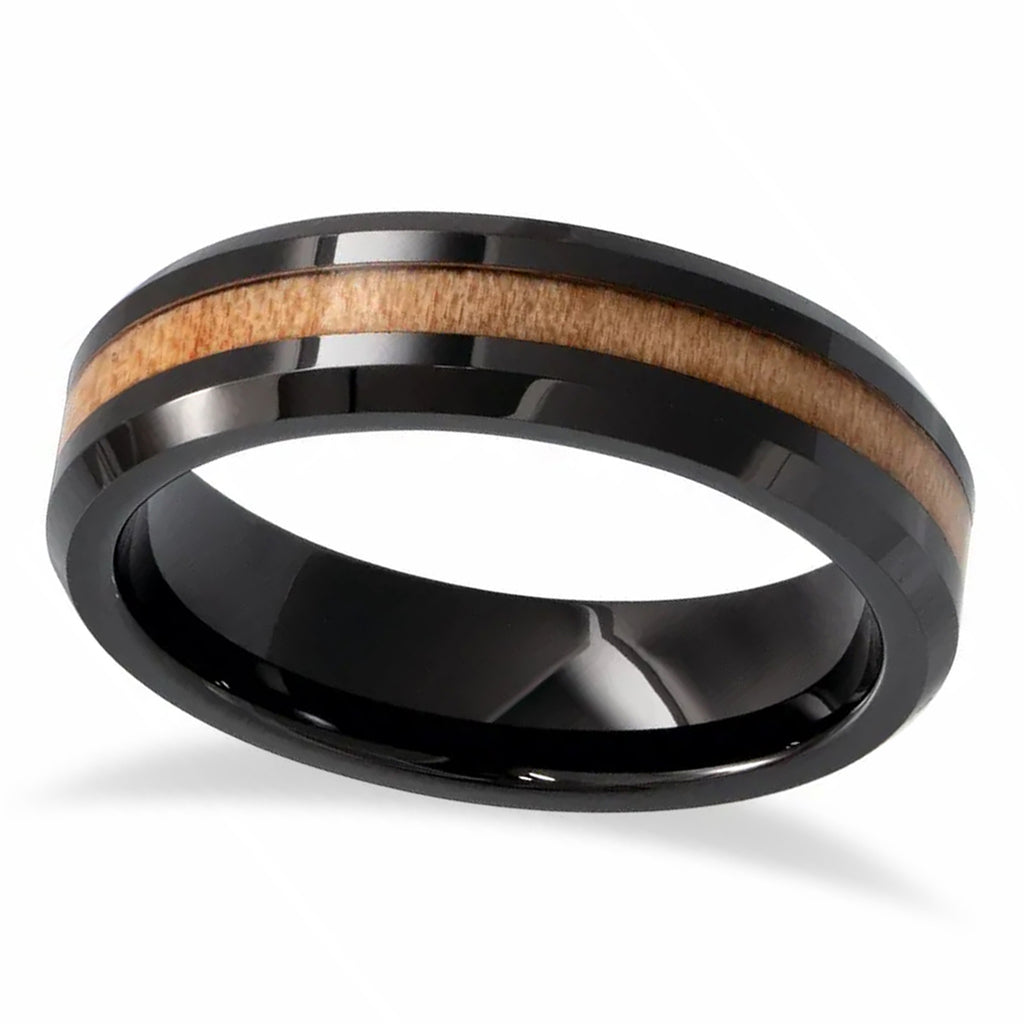 Black Ceramic Beveled Edge with Cypress Wood Inlay Wedding Band (6mm)