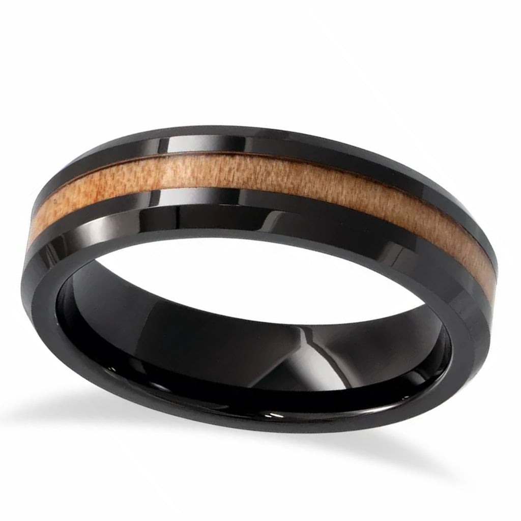 Black Ceramic Beveled Edge with Cypress Wood Inlay Wedding Band (8mm)
