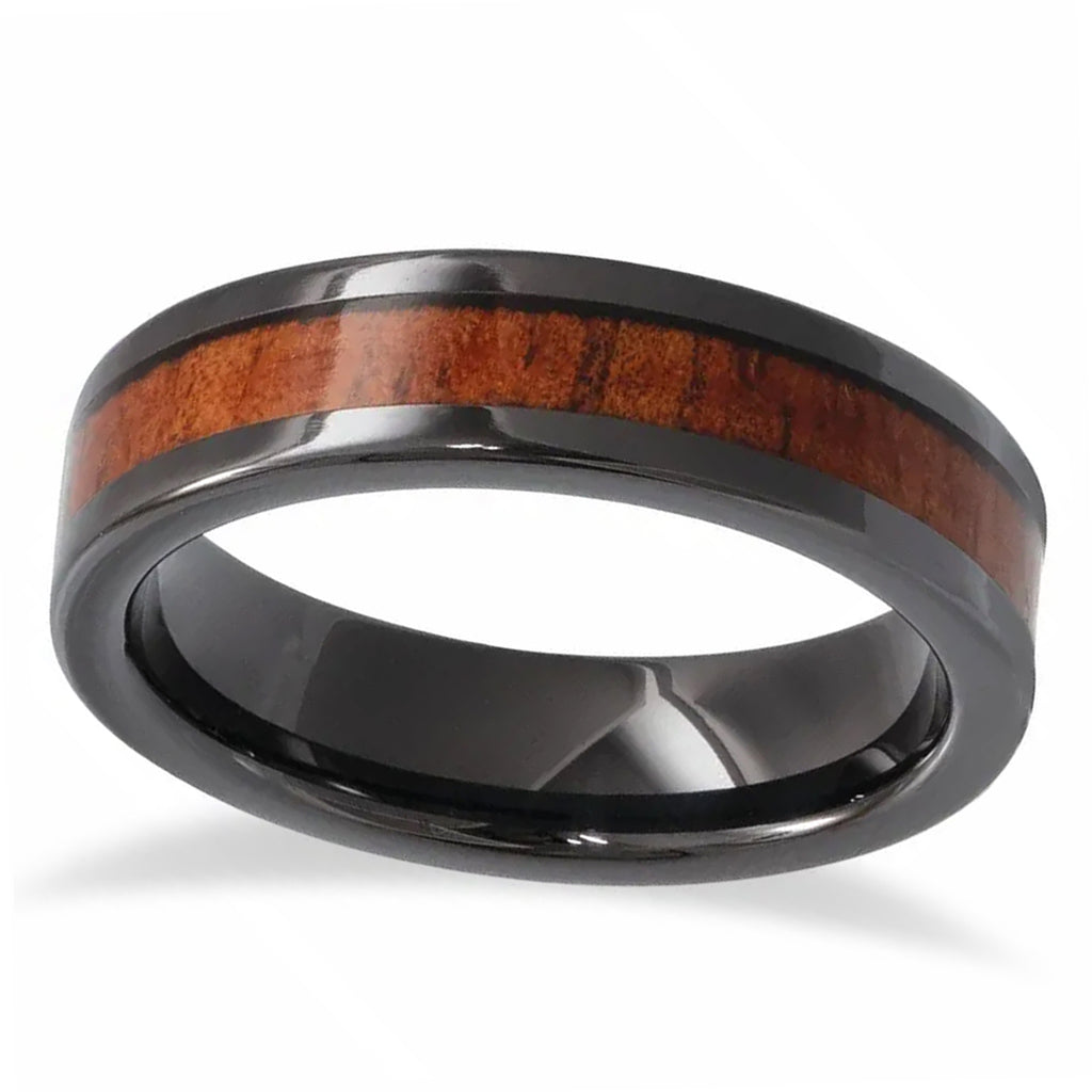 Black Ceramic Flat Wedding Band with KOA Wood Inlay (6mm)