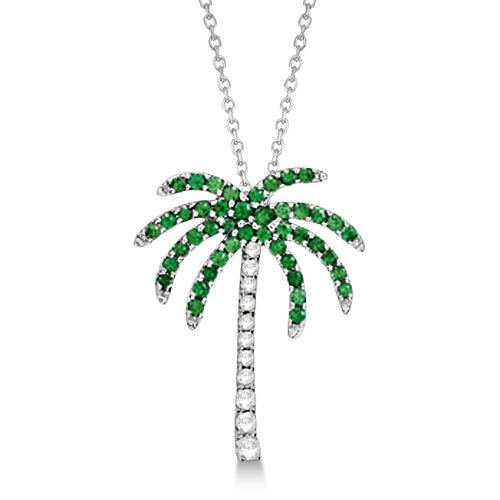 Tsavorite & Diamond Palm Tree Necklace 14k White Gold (0.30ct)