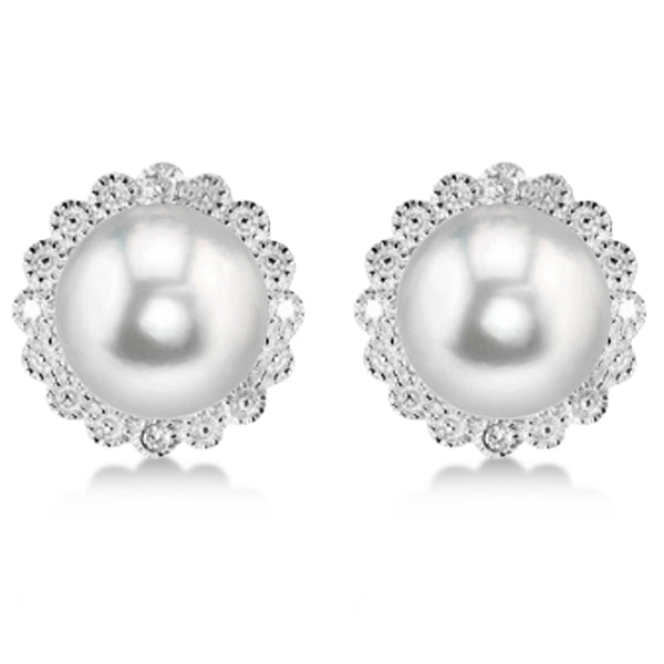 Freshwater Pearl & Diamond Halo Earrings Sterling Silver 8-8.5mm
