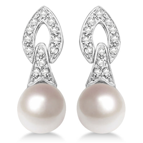 Cultured Freshwater Pearl & Diamond Drop Earrings 14K White Gold (7mm)