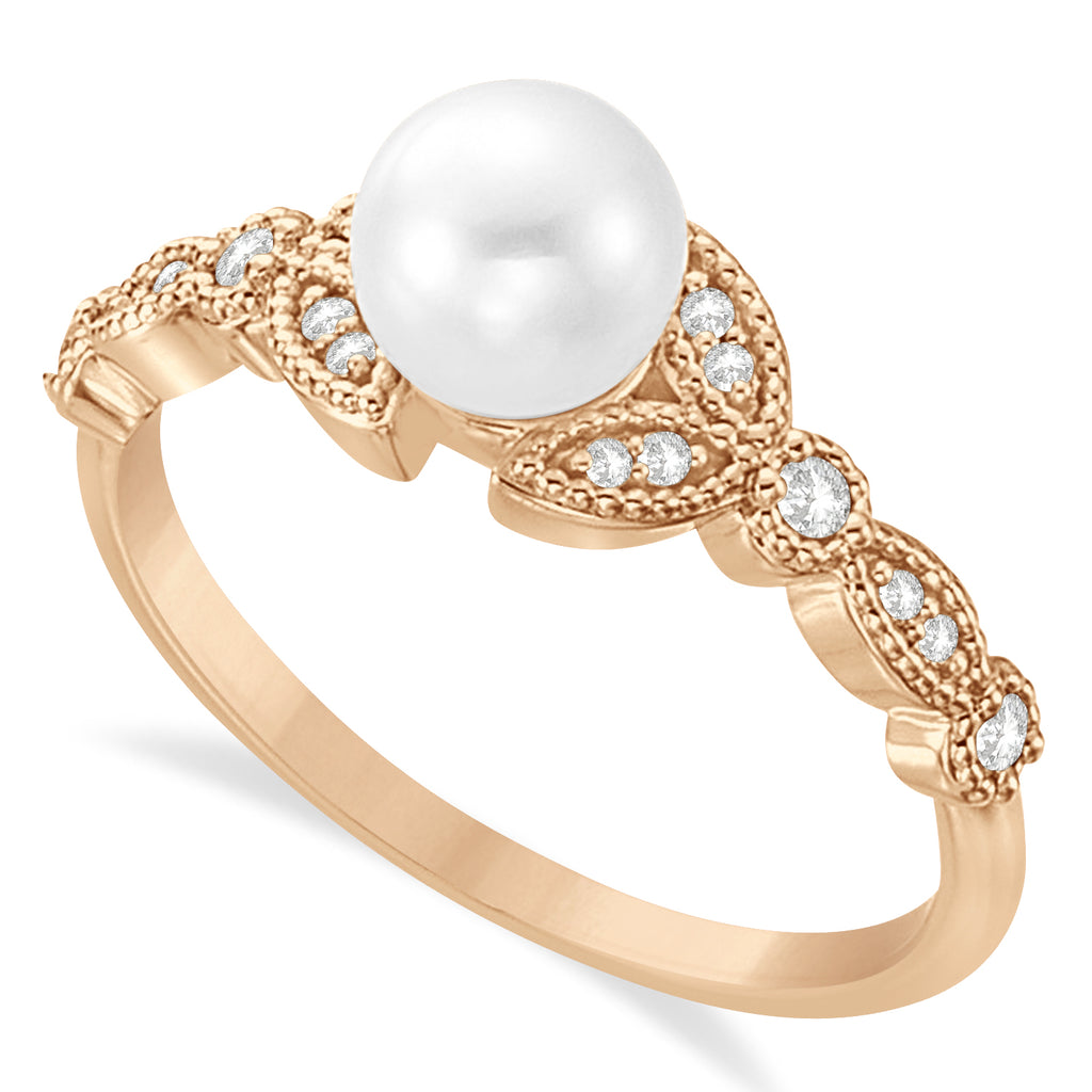 Freshwater Pearl & Diamond Leaf Ring 14k Rose Gold (6.0-6.5mm)