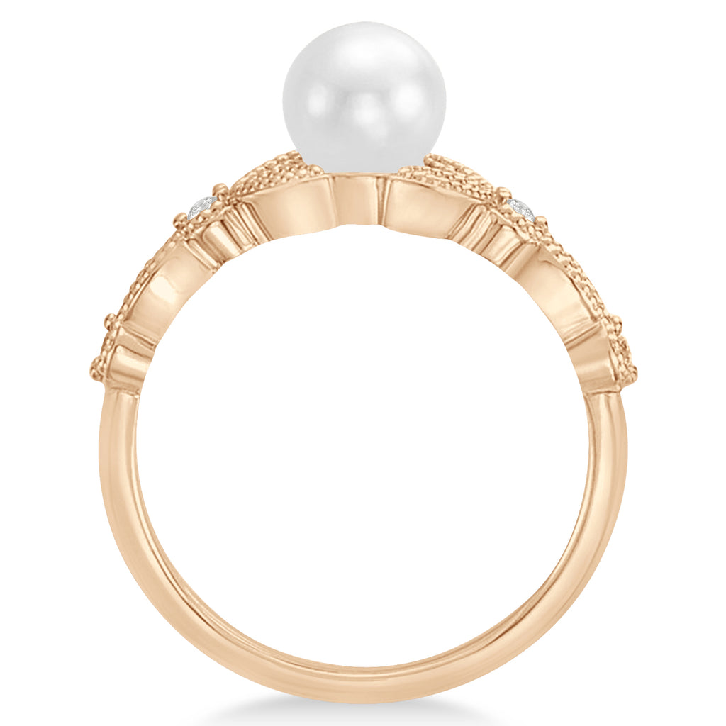 Freshwater Pearl & Diamond Leaf Ring 14k Rose Gold (6.0-6.5mm)