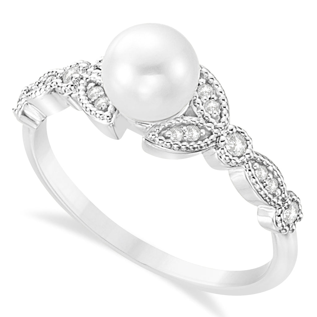 Freshwater Pearl & Diamond Leaf Ring 14k White Gold (6.0-6.5mm)