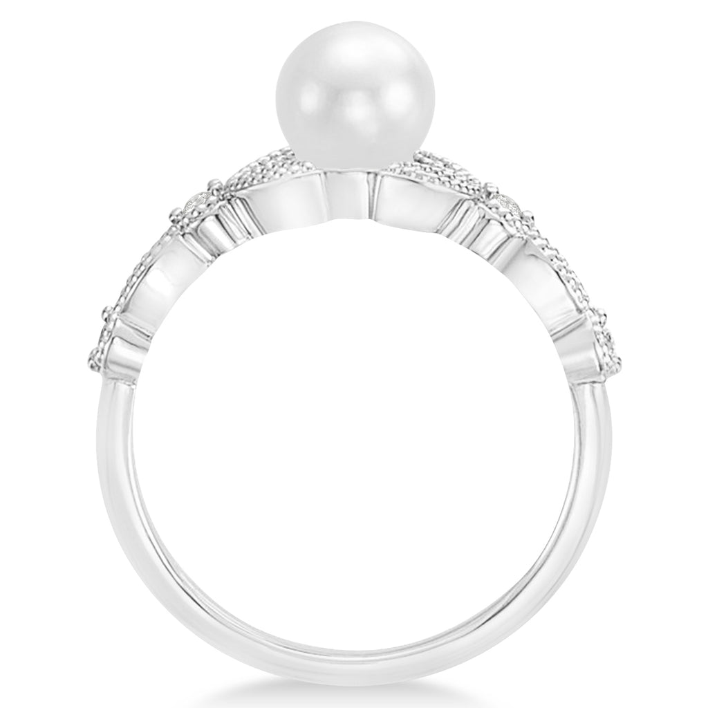 Freshwater Pearl & Diamond Leaf Ring 14k White Gold (6.0-6.5mm)
