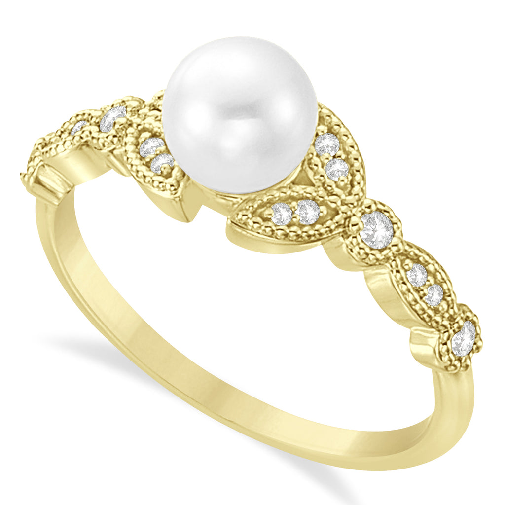 Freshwater Pearl & Diamond Leaf Ring 14k Yellow Gold (6.0-6.5mm)
